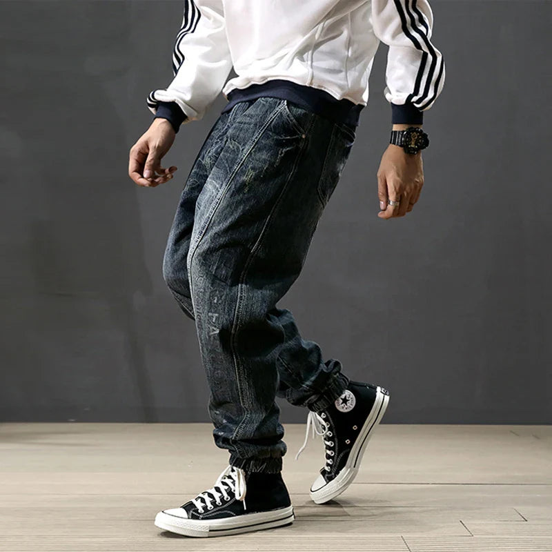Men Jeans Retro Blue Printed Designer Big Pocket Casual Cargo Pants