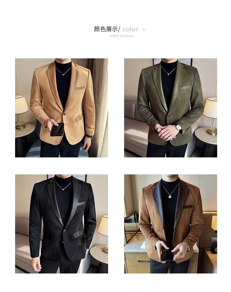 High Quality Deerskin Velvet Splicing Leather Collar Suit Blazers Men Casual Business Slim Coats Mens Social Wedding Clothing