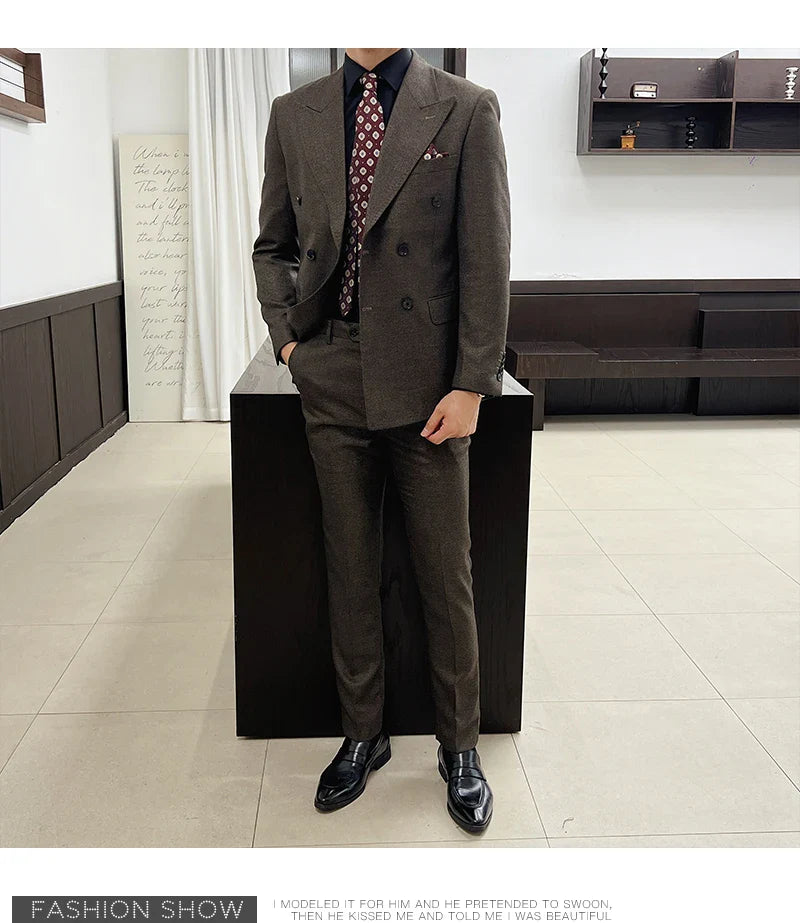 Men Vintage Luxury Double Breasted Slim Fit Lapel Evening Gown ltalian Style Fashion High-end Groom Wedding Party Tuxedo 2 Piece