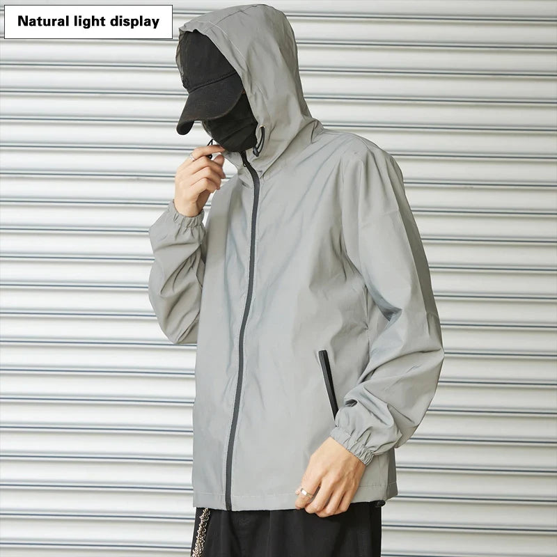 Night Reflective Clothes Spring New Men's Hooded Jacket Outdoor Run Casual Windproof Coat Couples Hip-hop Streetwear S-5XL