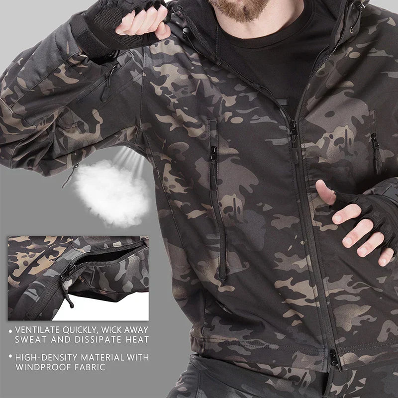 Tactical Winter Set Men's Outdoor Windproof Waterproof Suit Multi-Pocket Soft Shell Hooded Jackets Sharkskin Work Pants