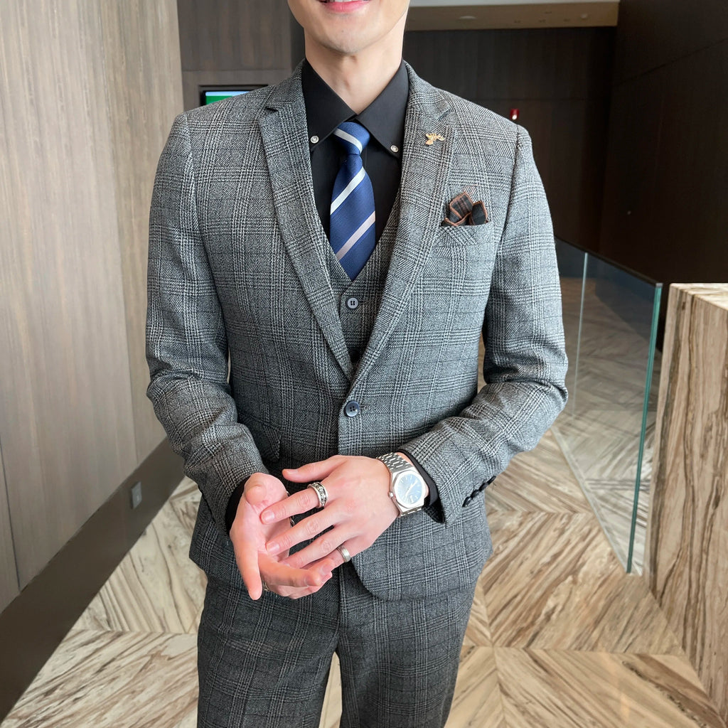 British Modified Plaid Three-Piece Suit for Men - Stylish Business Casual Suit Vest And Trousers Set
