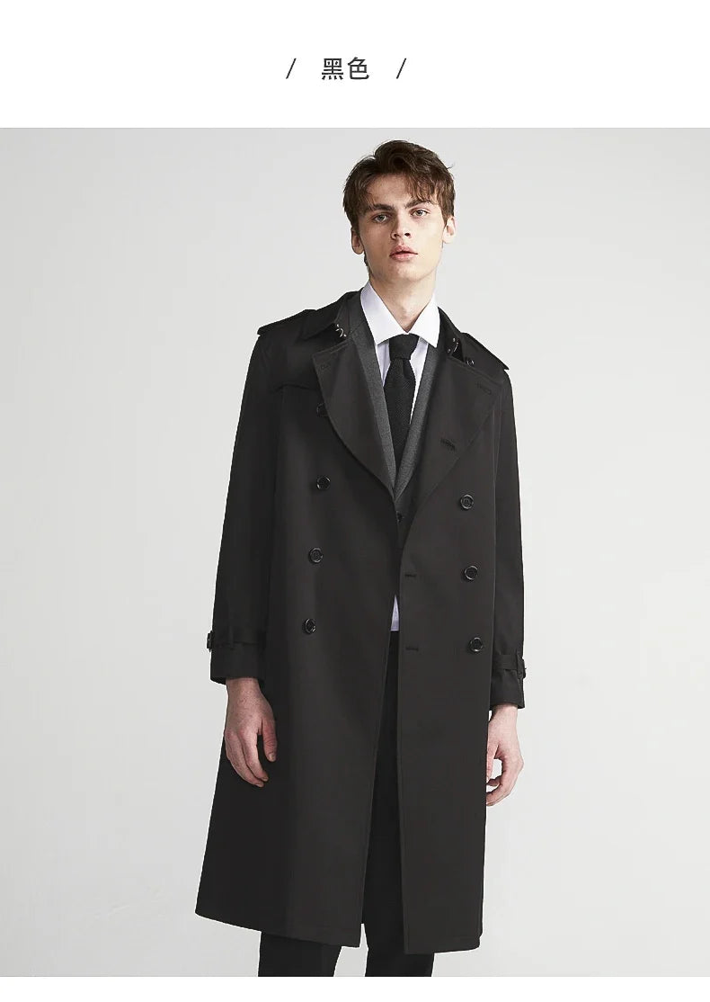 Spring Autumn Long Chic Khaki Trench Coat Men Belt Double Breasted Elegant Luxury British Style Black Overcoat 2025