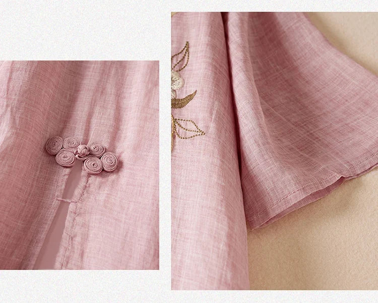 Summer New Hemp Dr Embroidered round Ne Five-Quarter Sve Fairy Beautiful Long Women's Dr New Chinese Sle