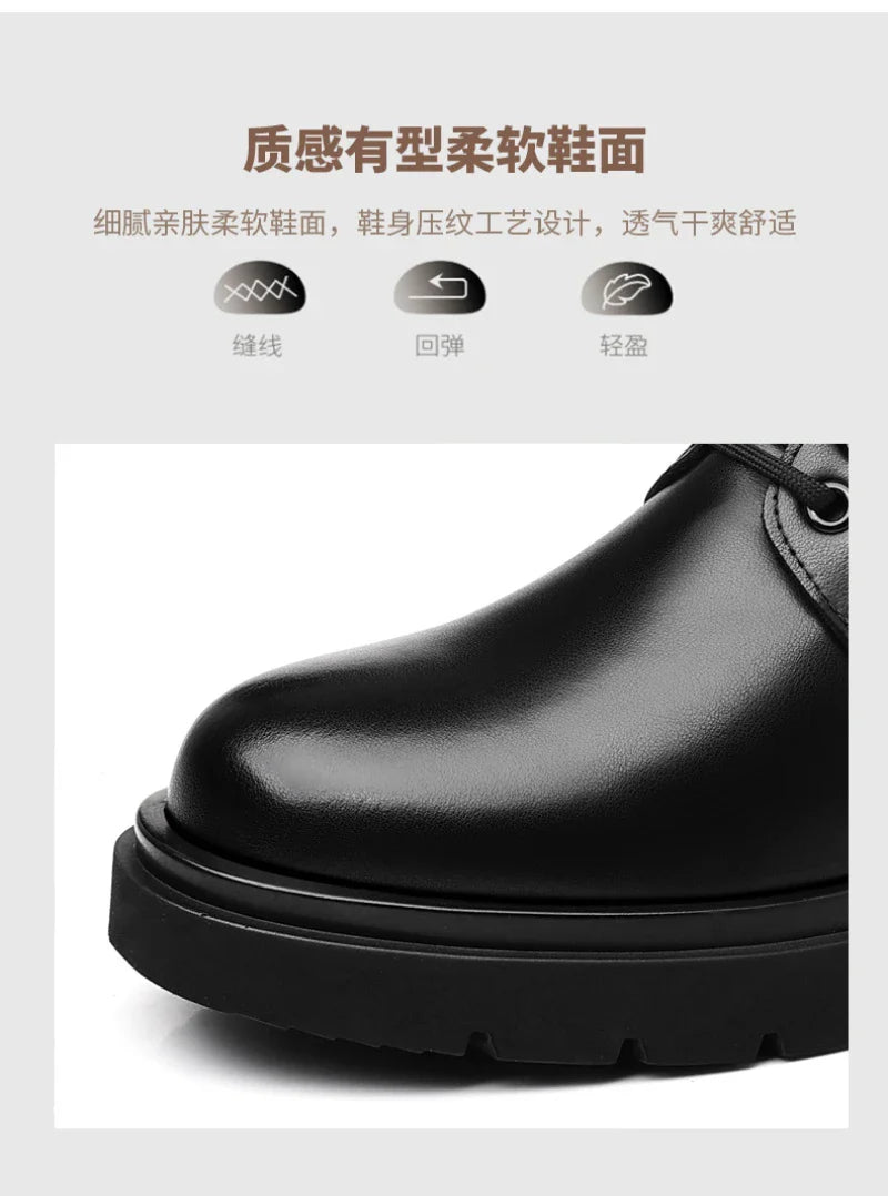 Mens Black Leather Lace Up Mid Top Boots Winter Warm Formal Business Office Wedding Shoes Black Work Boots Fashionable Dad Shoes