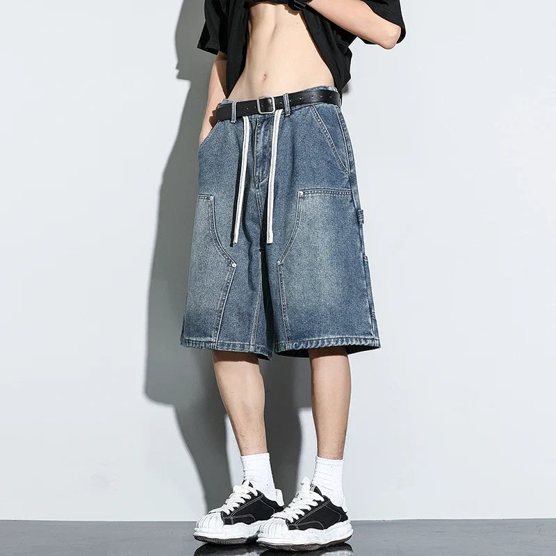 Fashion Streetwear Men's Denim Shorts Summer Loose Vintage Harajuku Splicing Hip-hop Cargo Moto Short Jeans Black Blue