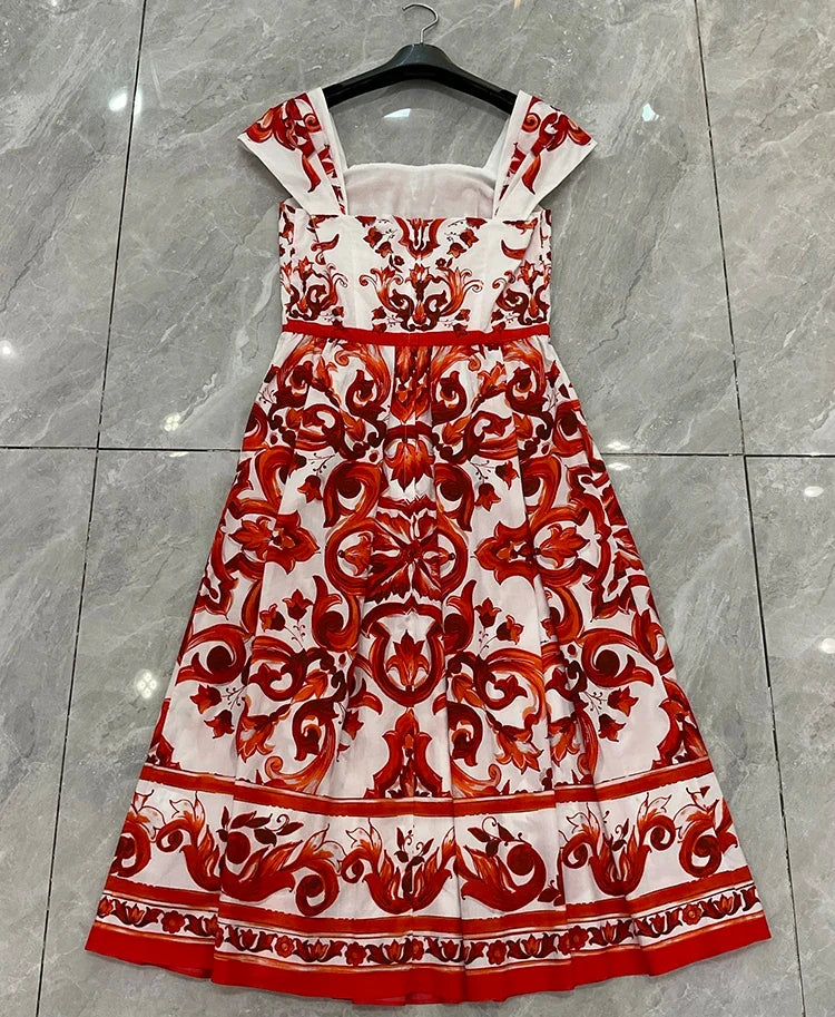 2026 Summer Women's New Fashionable Square Neck Short Sleeve Cotton Printed Waist cinching Mid length Dress