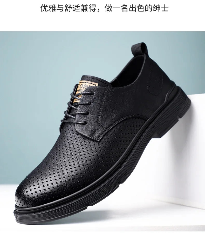 Summer Autumn New Low Top Cow Leather Shoes for Men Hallow Lace Designer Platform Shoes Male Fashion Business Casual Shoe Man