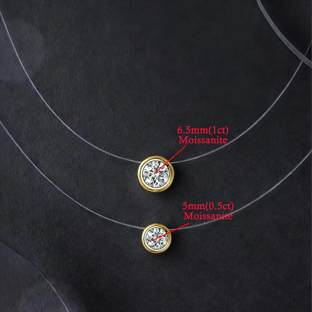 0.5/1CT Bezel Set Moissanite Pendant Necklace Women  Certified 925 Sterling Silver Transparent Fishing Line Choker Chain Jewelry
