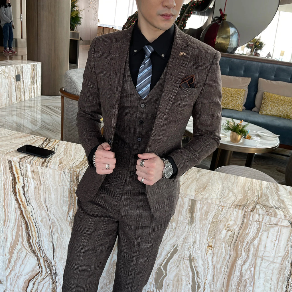 British Modified Plaid Three-Piece Suit for Men - Stylish Business Casual Suit Vest And Trousers Set