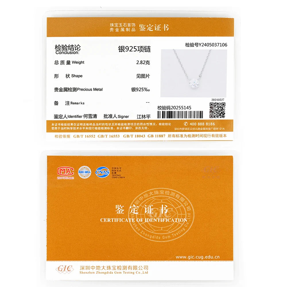 1CT 2CT 3CT Certified Moissanite Pendant Necklace For Women S925 Sterling Silver Solitaire Drop Necklaces Jewelry Gift