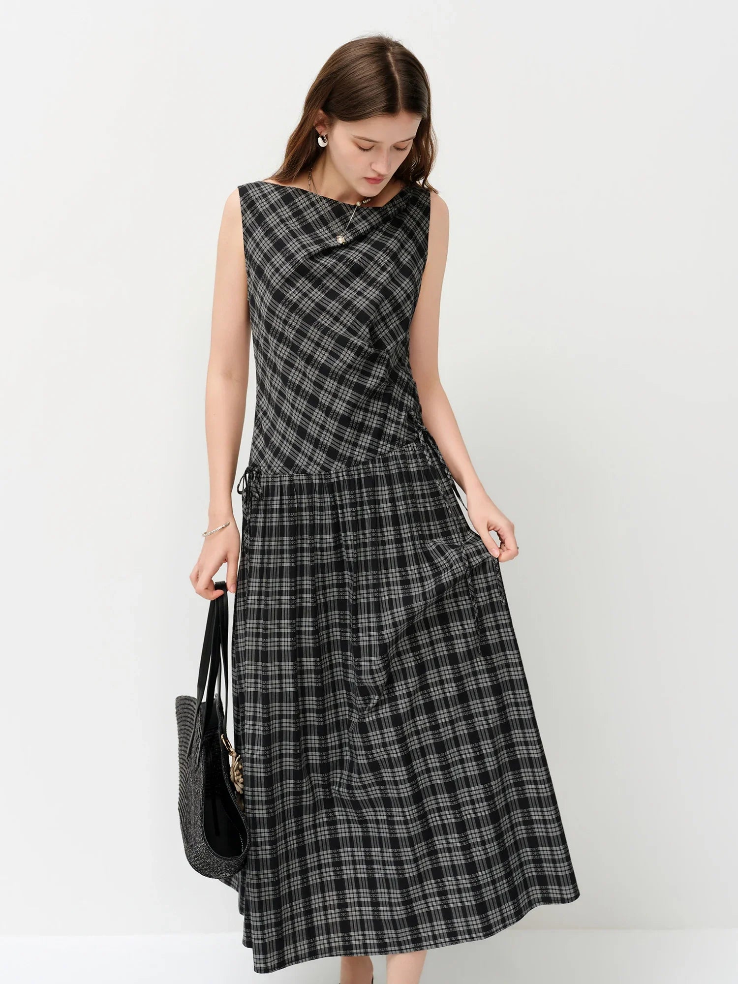 2026 Summer Women One Shoulder Asymmetrical Sleeveless Dress Plaid Check Midi Dress for Rebellious Prep & Vacation Style