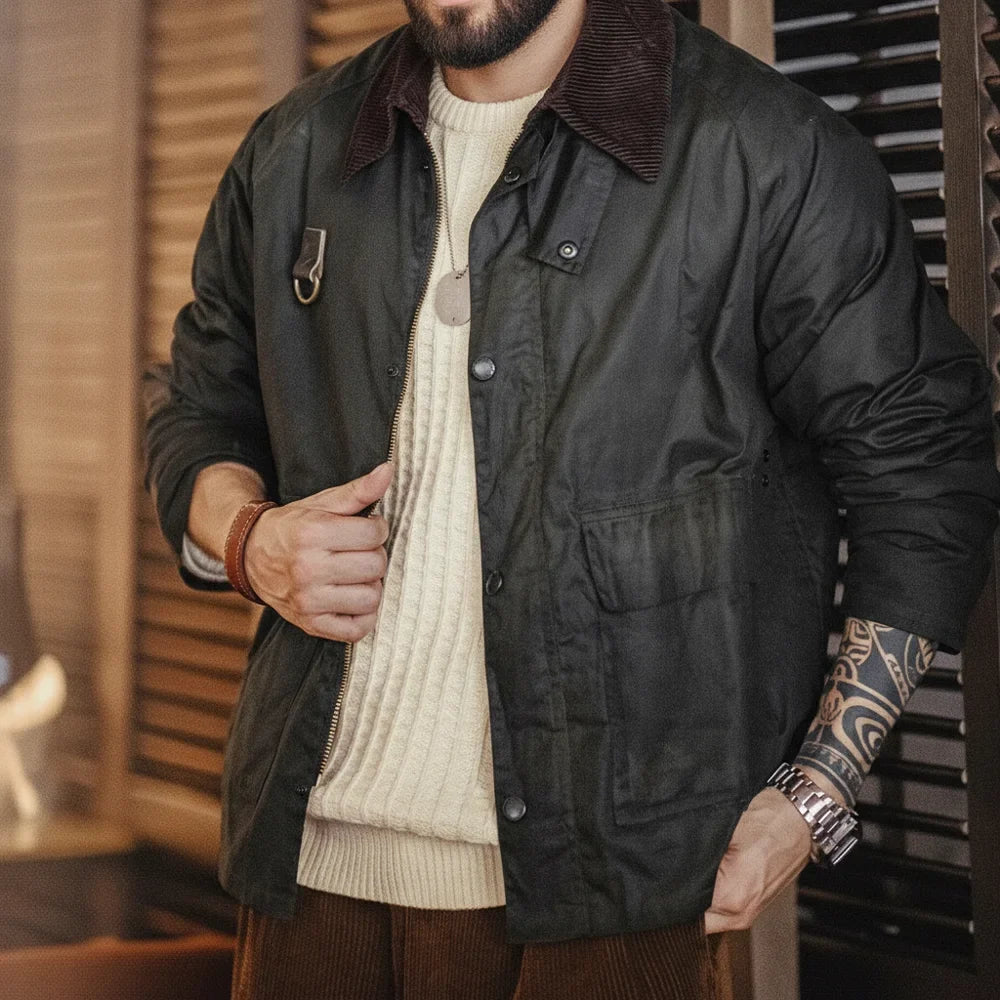 Vintage Spey Waxed Fishing Jacket Distressed Outdoor Corduroy Collar with Pockets Coat for Men's Autumn Classic Overcaot