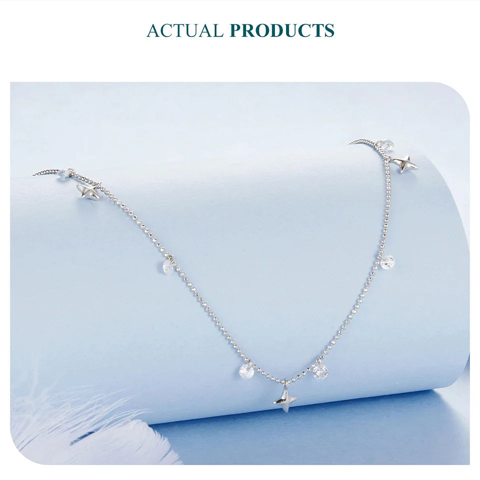 Genuine 925 Sterling Silver Dainty Starry Sky Tassel Necklace for Women, Cute Star Necklaces Christmas Jewel BSN414