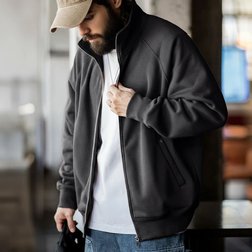 Casual Polar Fleece Cardigan Sweatshirt Stand-up Collar Sports Zipper Jacket Warm Versatile Coat for Men's Fall and Winter