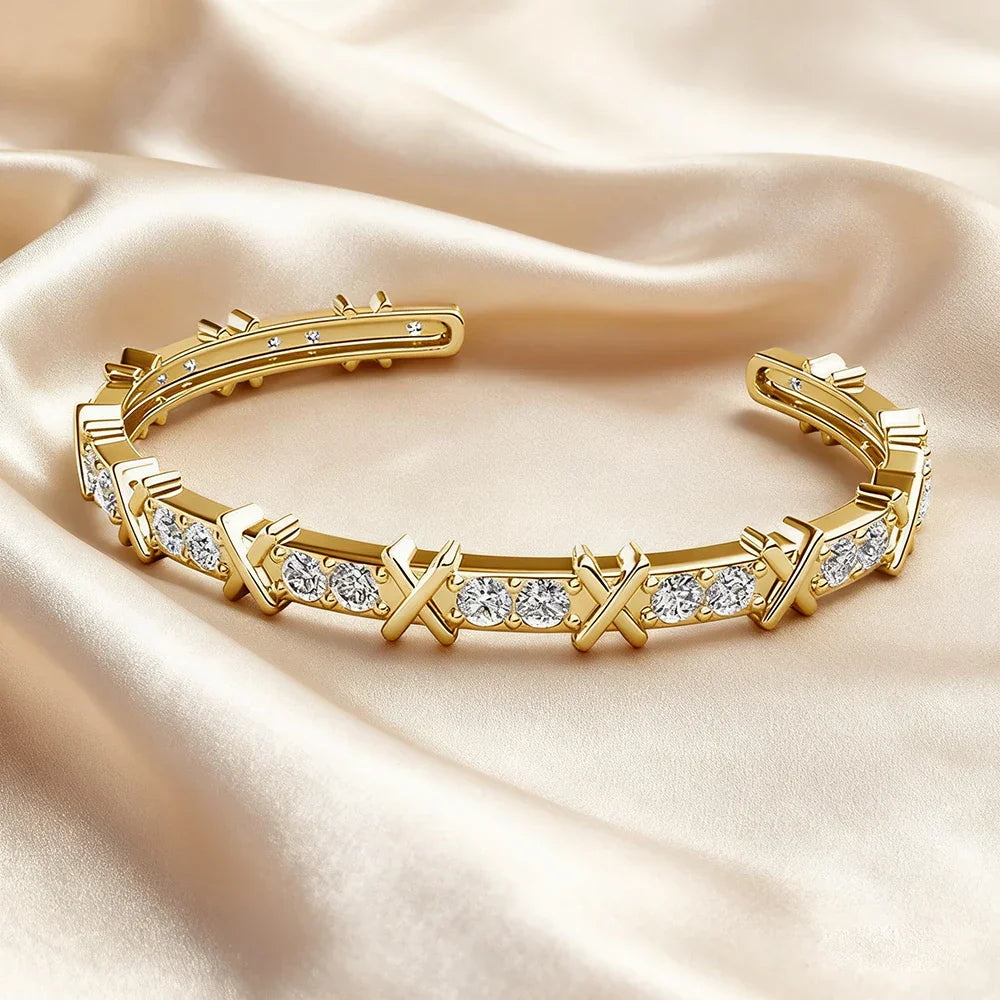 Crystals from Swarovski Letter X Cuff Bangle Women Men Fashion Stack-able White Bracelet Party Daily Charming Jewelry