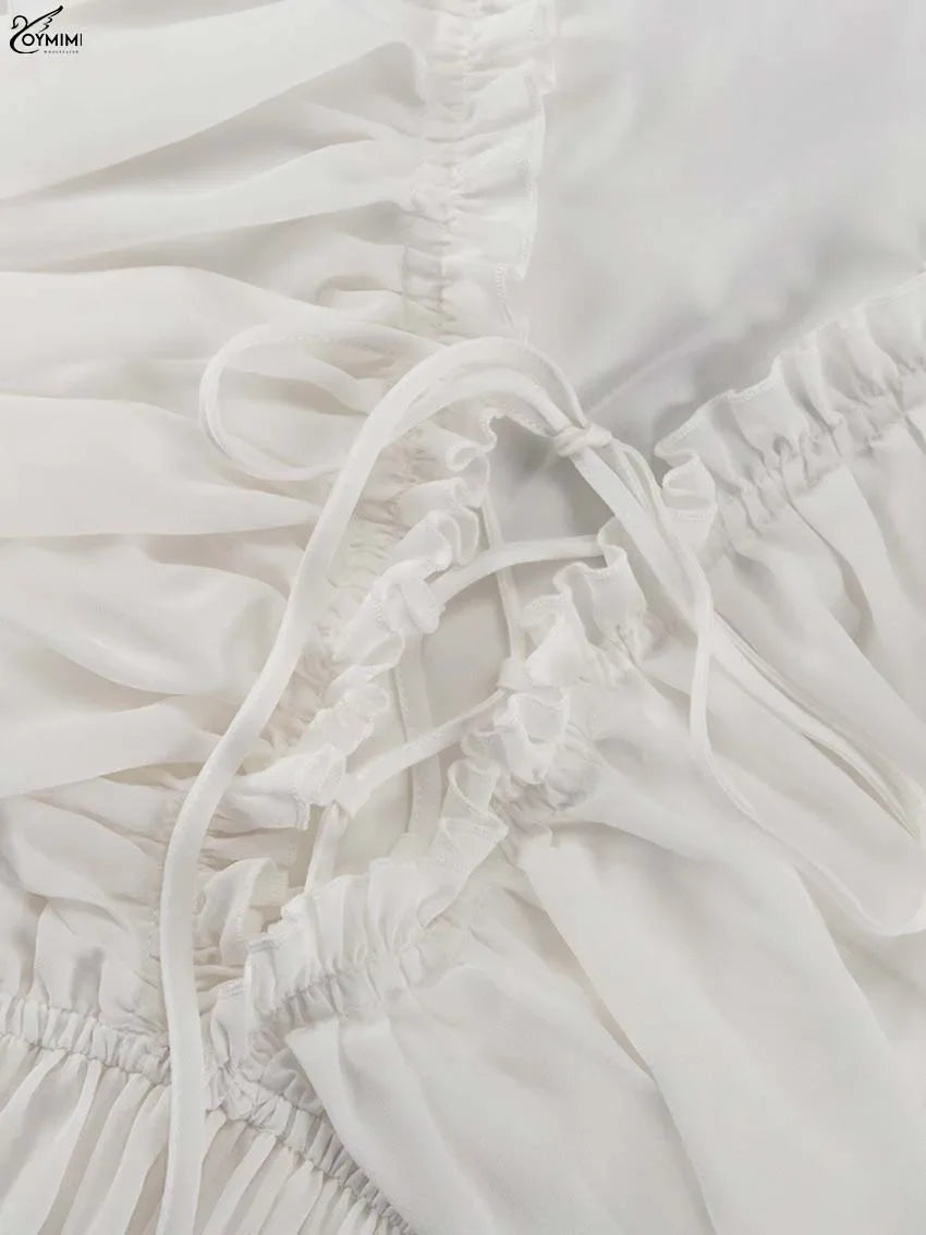 Elegant White Ruffled Dresses 2025 Woman Fashion V-Neck Lace-Up Long Sleeve Dresses Casual High Waist Floor-Length Dress
