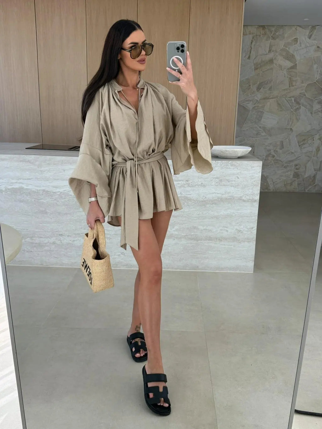 2026 Autumn Ruffle Loose Mini Dress Casual Flare Sleeve Holiday Dresses Sexy Deep V-neck Lace Up Solid Women's Dress Vestidos
