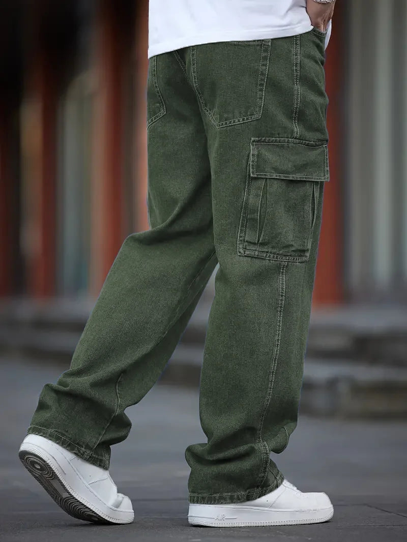 Men's Deep Blue Washed Denim Workwear Jeans Casual Multiple Pockets Design Loose Wide Leg Trousers Y2K Style Cargo Pants
