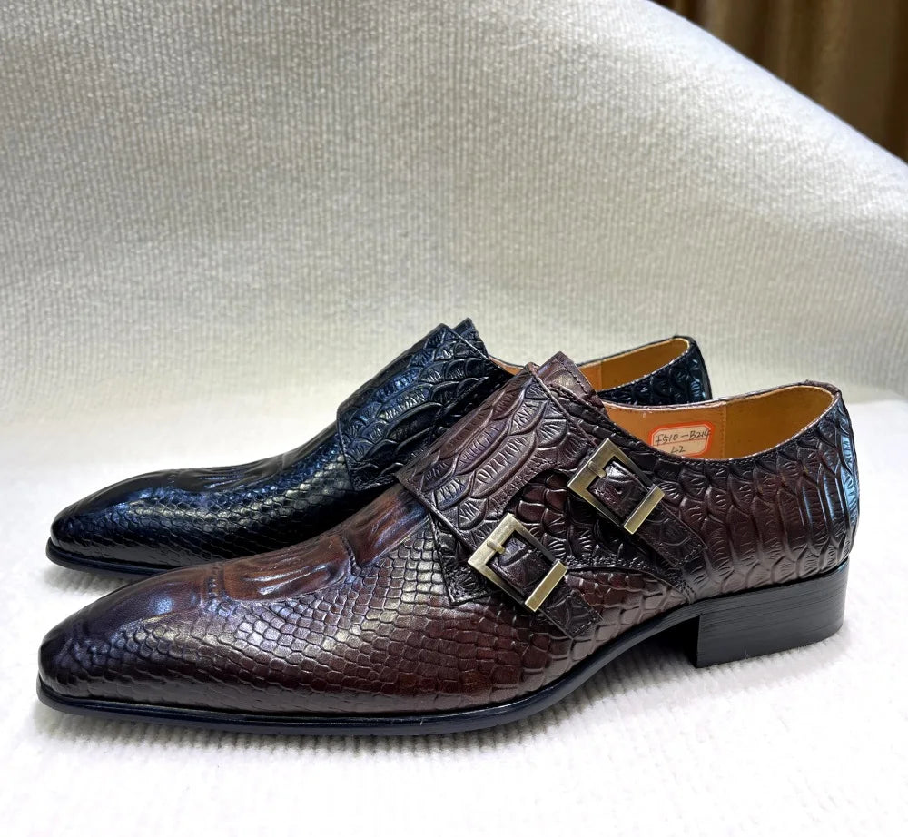 Men's Italian Genuine Leather Formal Oxford Shoes Python Crocodile Pattern Button Detailing for Office Party Wedding Footwear