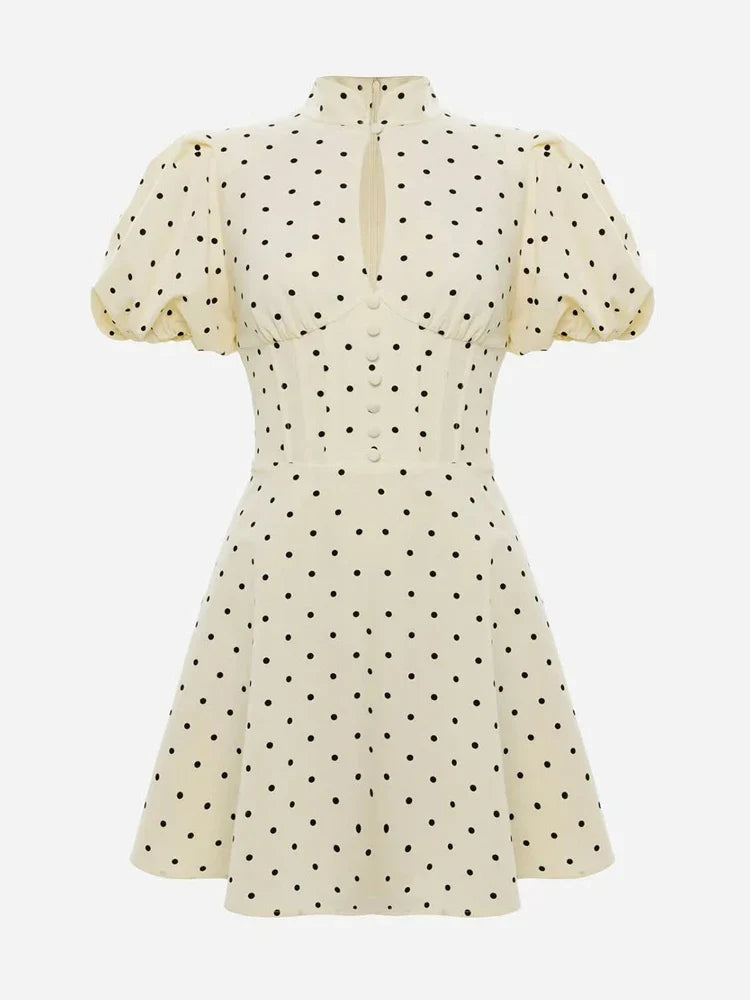 Retro Polka Dot Mini A-line Dress Elegant Stand Collar Puff Short Sleeve Waist-cinching Dresses 2026 New Lady Party Gowns