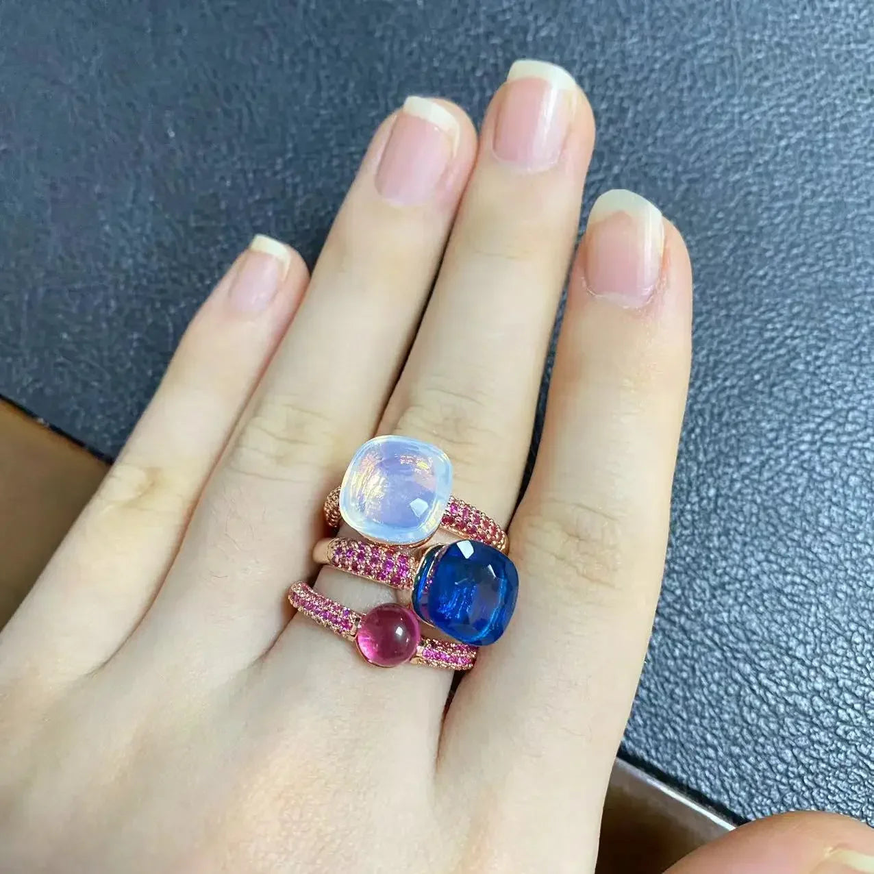 3Pcs/Set Nudo Ring Stacking Set for Women Mix Color Candy Crystal Inlay Zircon Amethyst Blue Topaz Round Jewelry Gift