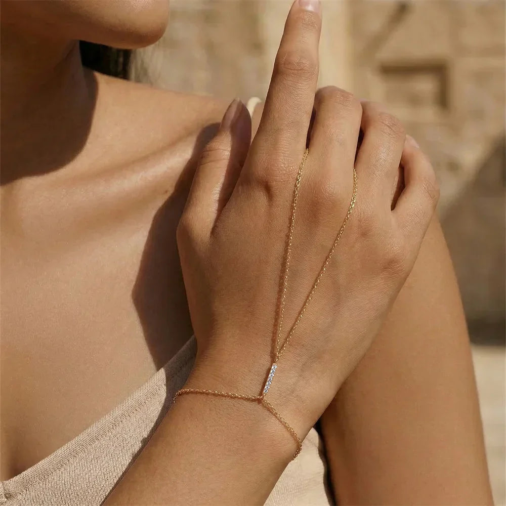 Dainty 5A Zircon Finger Ring Chain Bracelets Flower High Carbon Bracelet for Women Girl Adjustable s925 Silver Jewelry Gift
