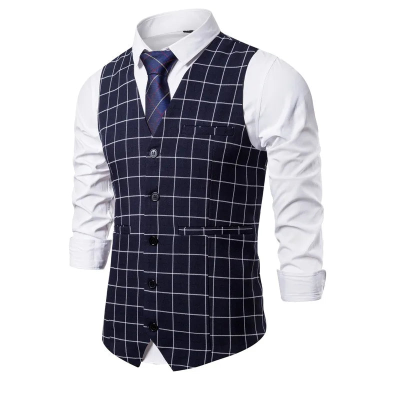 KIDWHXR 2026 Man Waistcoat Slim Plaid Business Casual Male Suit Vest V-neck Sleeveless Breathable Wedding Party Vest for Men