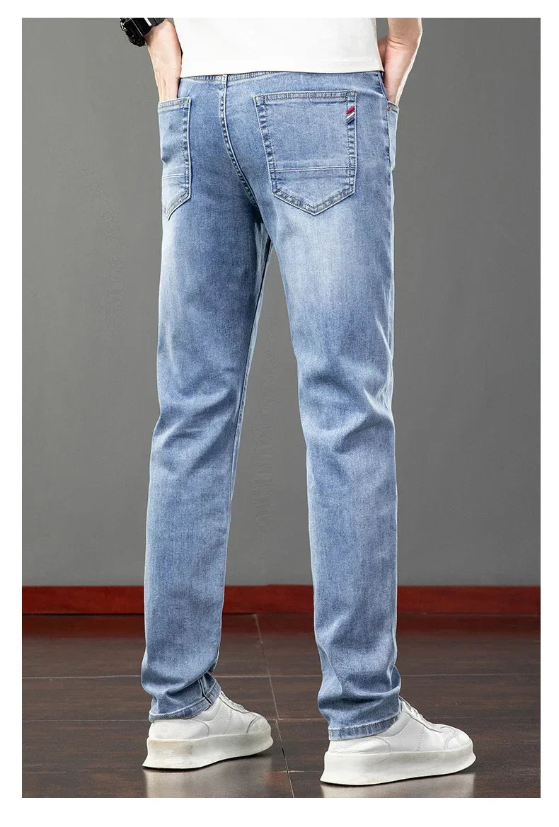 2026 Summer Men's Jeans Slim Fit Jeans Thin Stretch Straight Light Business Casual Denim Long Pants Male Classic Style Brand