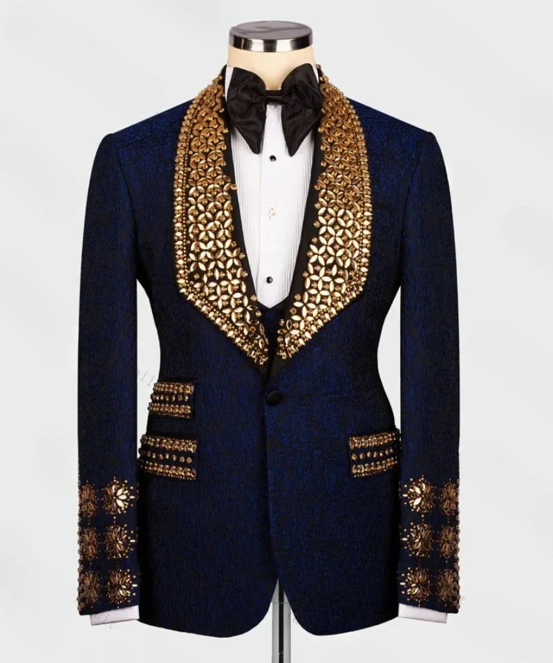 Jacquard Crystals Men Suit Set 2 Pieces Blazer+Pant Formal Office Male Jacket Prom Cotton Coat Trousers Groom Wedding Tuxedos