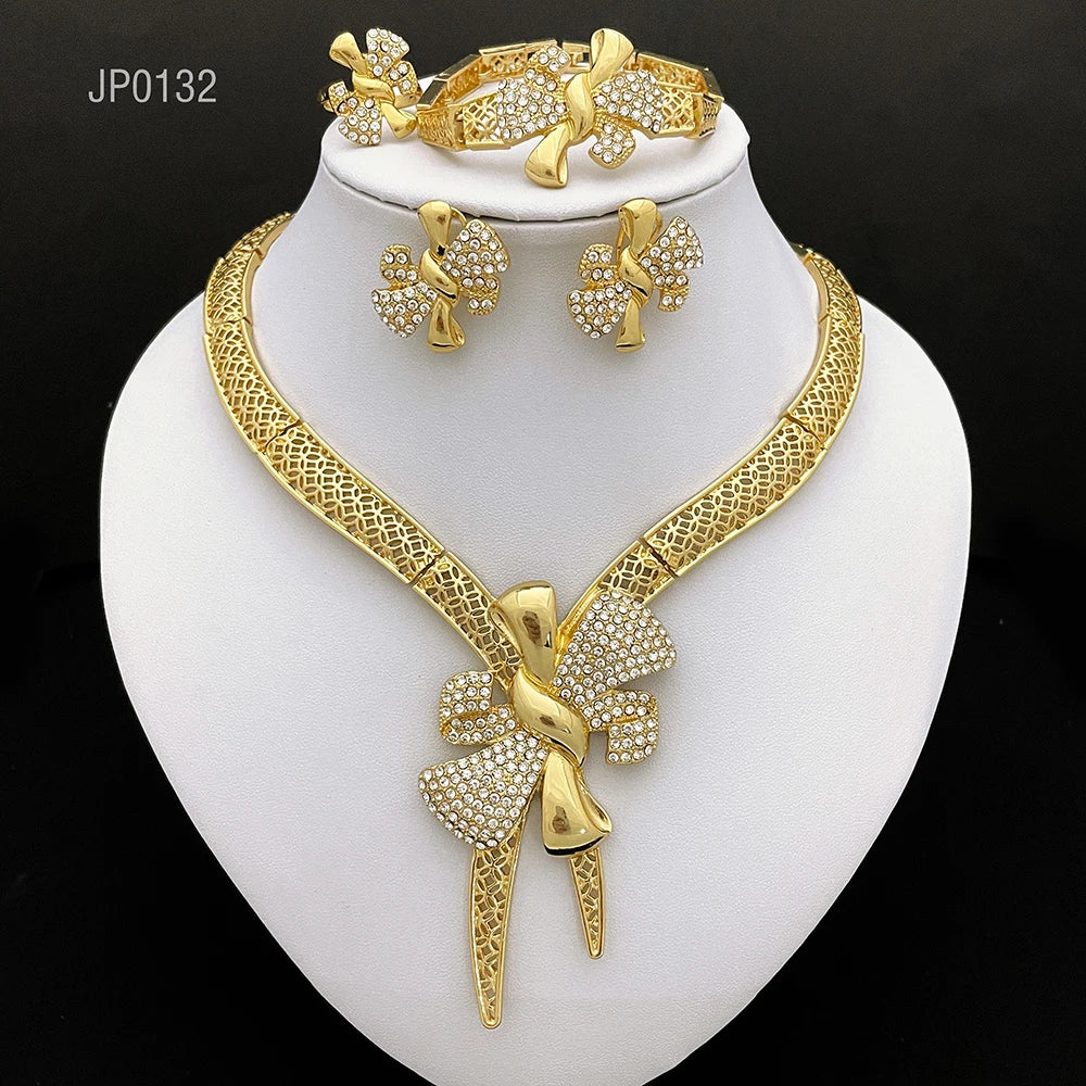 Italy 18k Gold Plated Women Jewelry Set Classic Design Bowknot Necklace Earring Bracelet And Ring 4PCS Set Jewelry Wedding Party