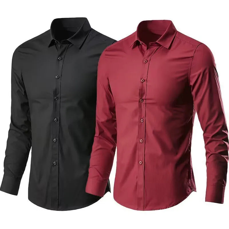 Men's Dress Shirt Elastic Spring Autumn Long Sleeve Anti-wrinkle Free ironing Business Without Pocket Soft Fashion Smooth Slim
