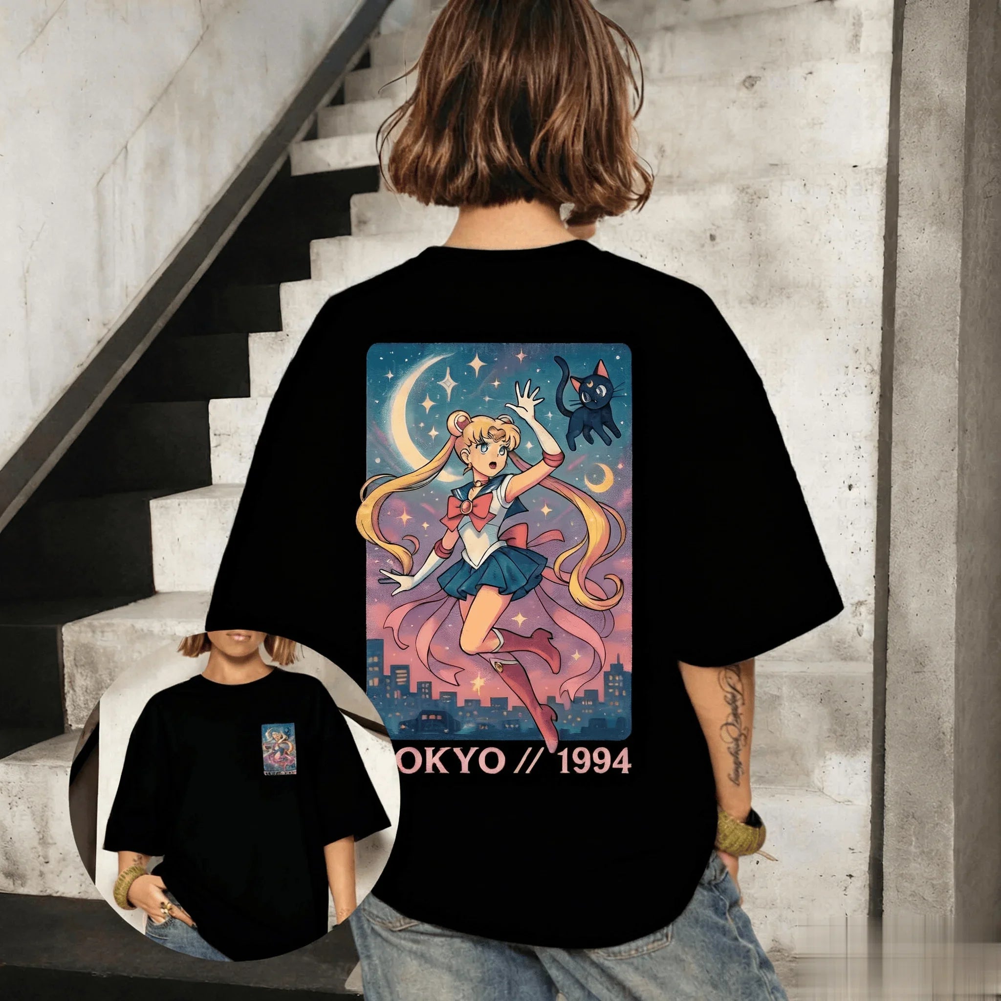 تيشيرت Sailor Moon Anime Graphi للرجال والنساء كبير الحجم بأكمام قصيرة كاجوال ملابس الشارع الصيفية ملابس Y2k برسومات علوية