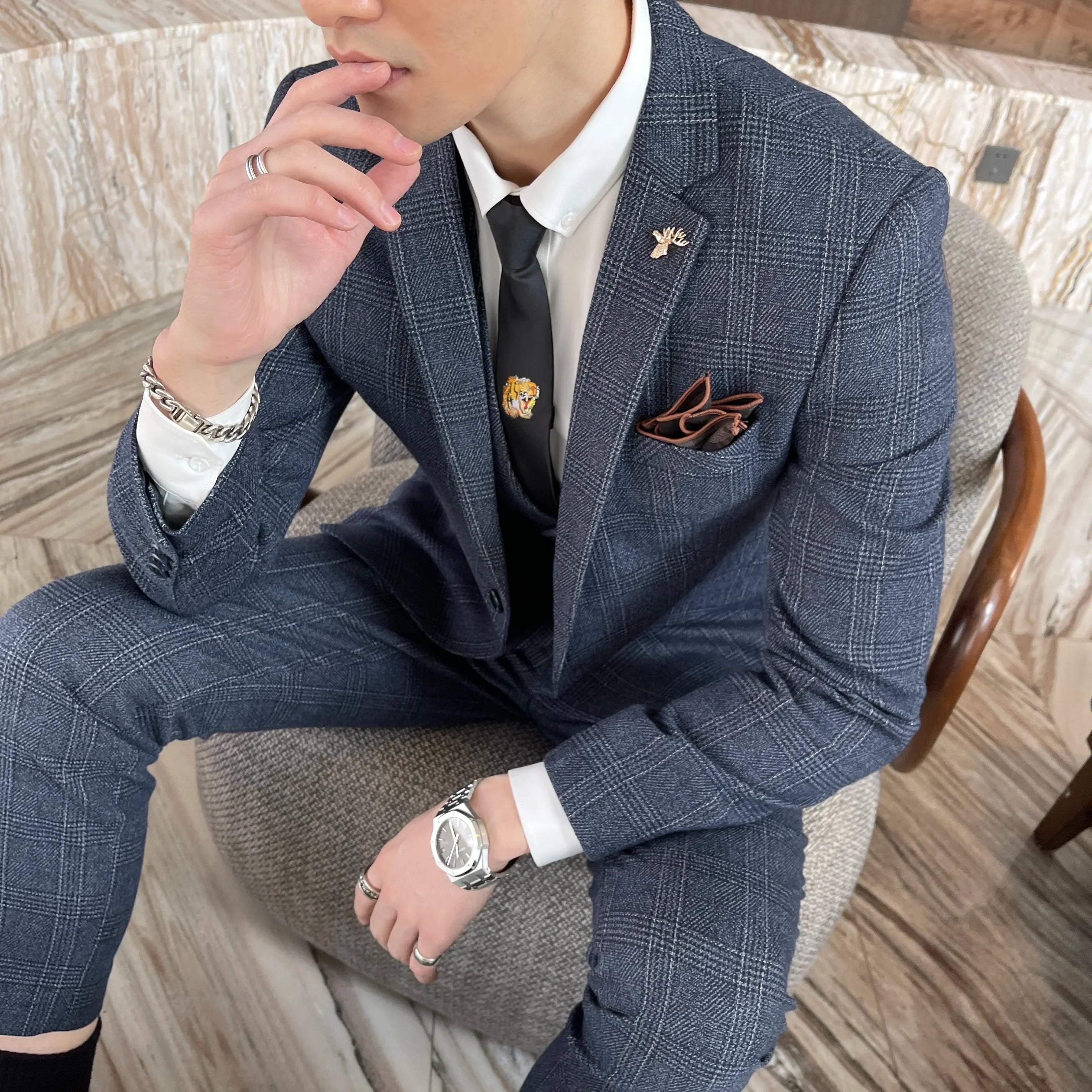 British Modified Plaid Three-Piece Suit for Men - Stylish Business Casual Suit Vest And Trousers Set