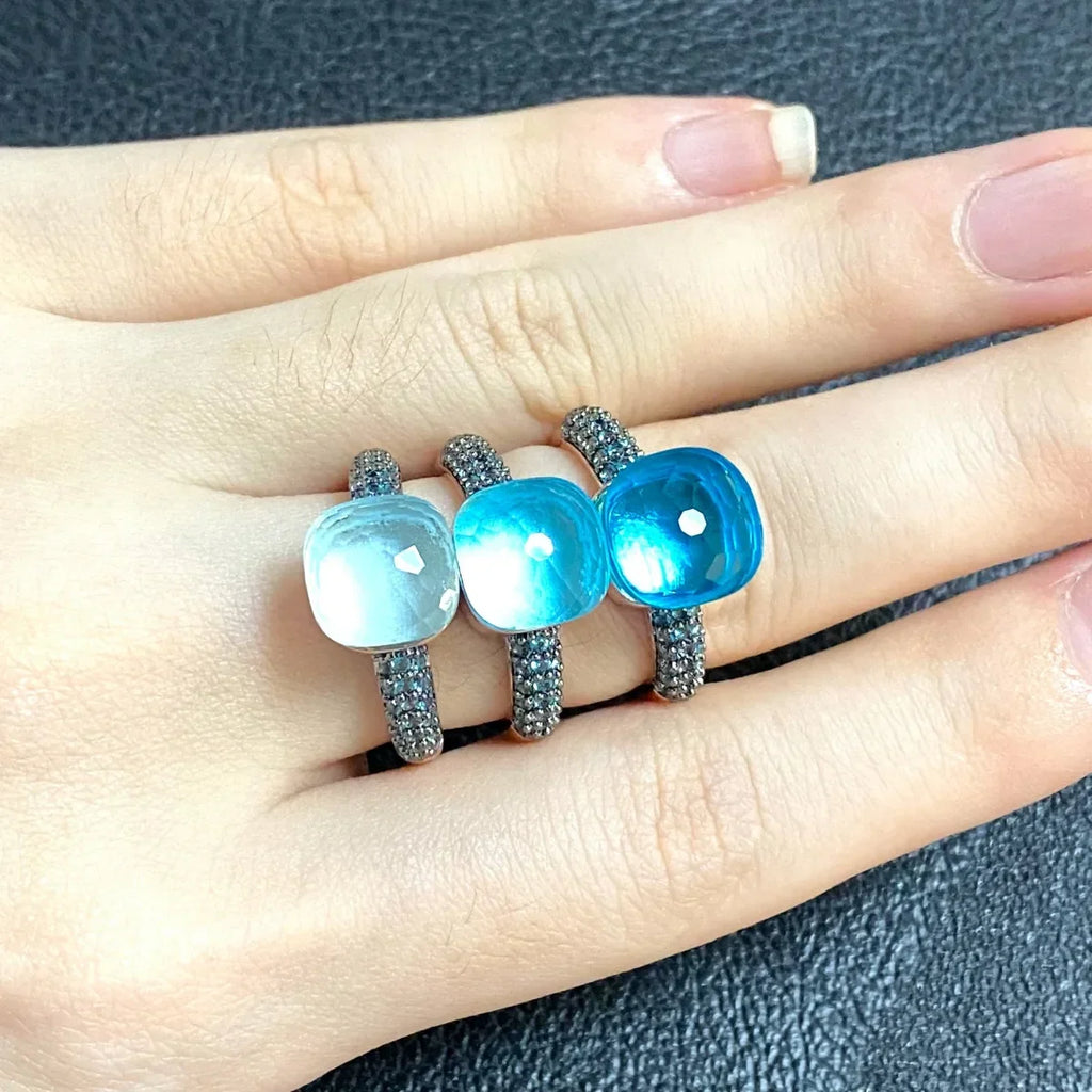 10.6mm Elegant Blue Topaz Zircon Ring Dual Tone Black Gun & Rose Gold 30 Colors Candy Crystal Jewelry Gift for Women