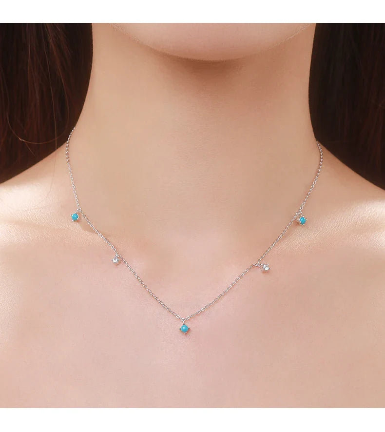 Real 925 Sterling Silver Fashion Stunning Turquoise Link Chain Charm Necklace For Women Daily Fine Jewelry
