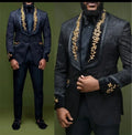 Black Floral Men Suits with Buttons Shawl Lapel Jacket with Pants 2  Piece Wedding Groom Tuxedo ( Blazer + Trousers) 2024