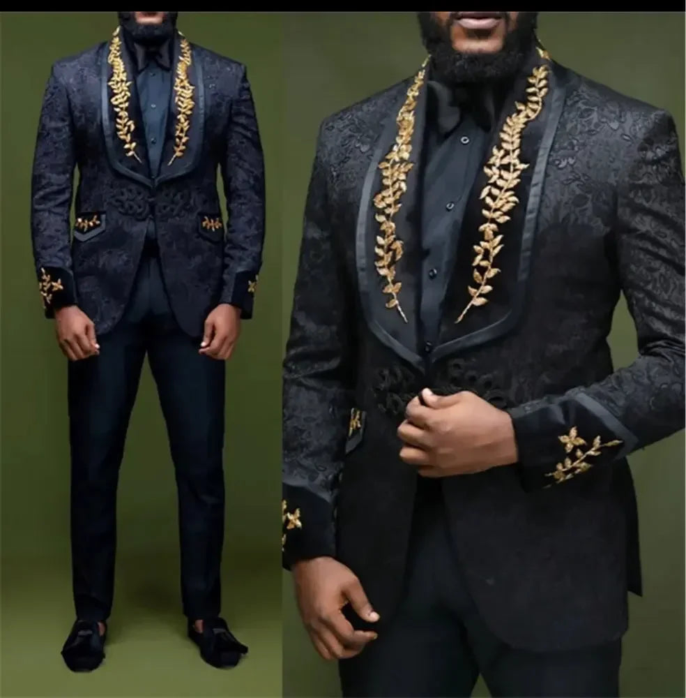 Black Floral Men Suits with Buttons Shawl Lapel Jacket with Pants 2  Piece Wedding Groom Tuxedo ( Blazer + Trousers) 2024
