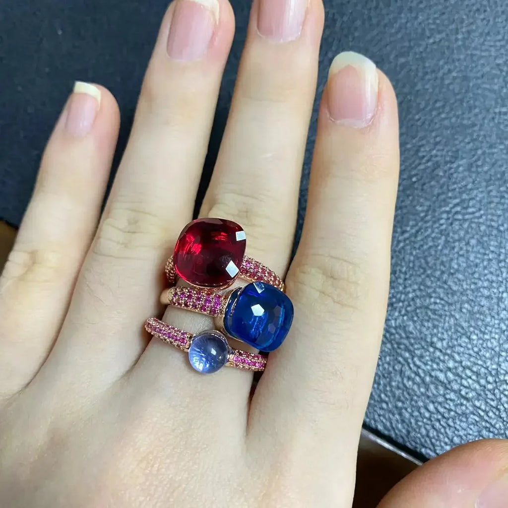 3Pcs/Set Nudo Ring Stacking Set for Women Mix Color Candy Crystal Inlay Zircon Amethyst Blue Topaz Round Jewelry Gift