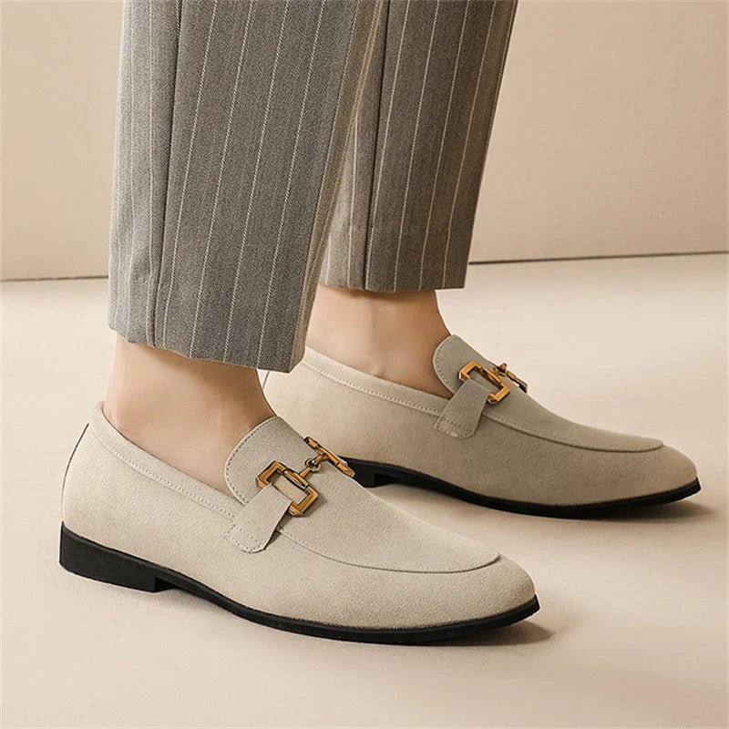 Fashion Brand Men Suede Leather Shoes Black Beige Horsebit Loafers Slip on Formal Mens Dress Shoes Wedding Office Casual Shoes