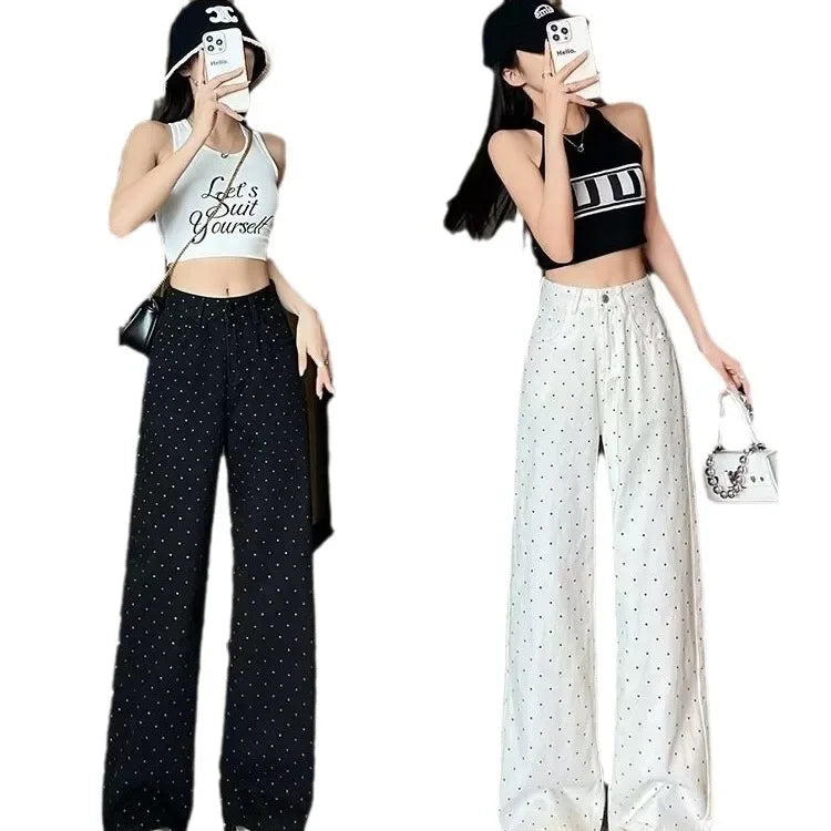 High Waist Wide Leg White Polka Dot Casual Denim Jeans