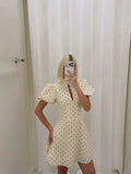 Retro Polka Dot Mini A-line Dress Elegant Stand Collar Puff Short Sleeve Waist-cinching Dresses 2026 New Lady Party Gowns