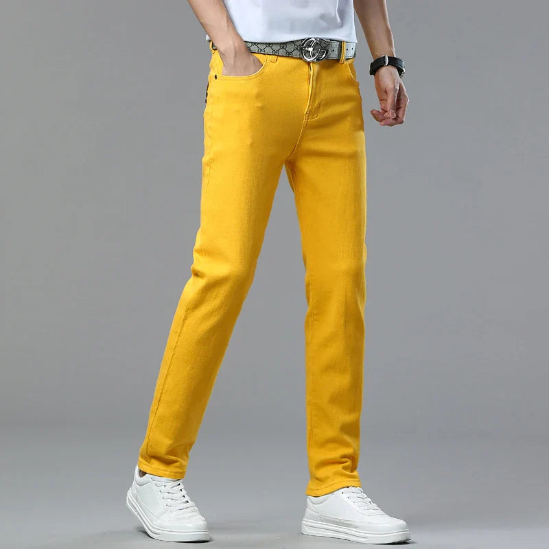2025 Autumn Men's Elastic Colorful Jeans Breathable Casual  Straight Fitted Solid Color Denim Pants Korean Fashion Trousers