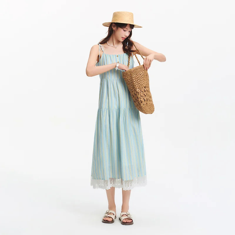 Textured Striped Dress Women Sweet 2025 Summer New Vacation Style Lace Strapless Sundress
