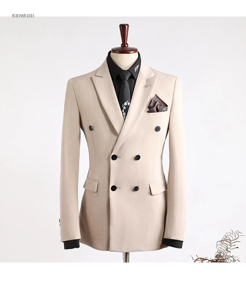 Man Suit Outfit Double-breasted Blazer Men V-neck Vest Straight-leg Pant Male Slim Business Wedding Three-piece Set