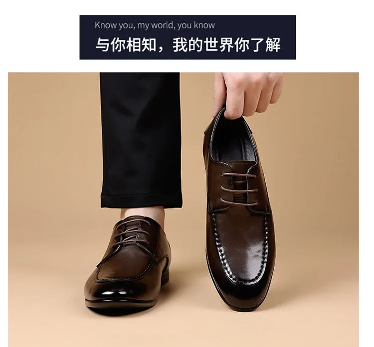 Spring Autumn New Pointed Toe Leather Shoes Men Fashion Business Casual Shoe Male Lace Designer Solid Color Wedding Shoes Man