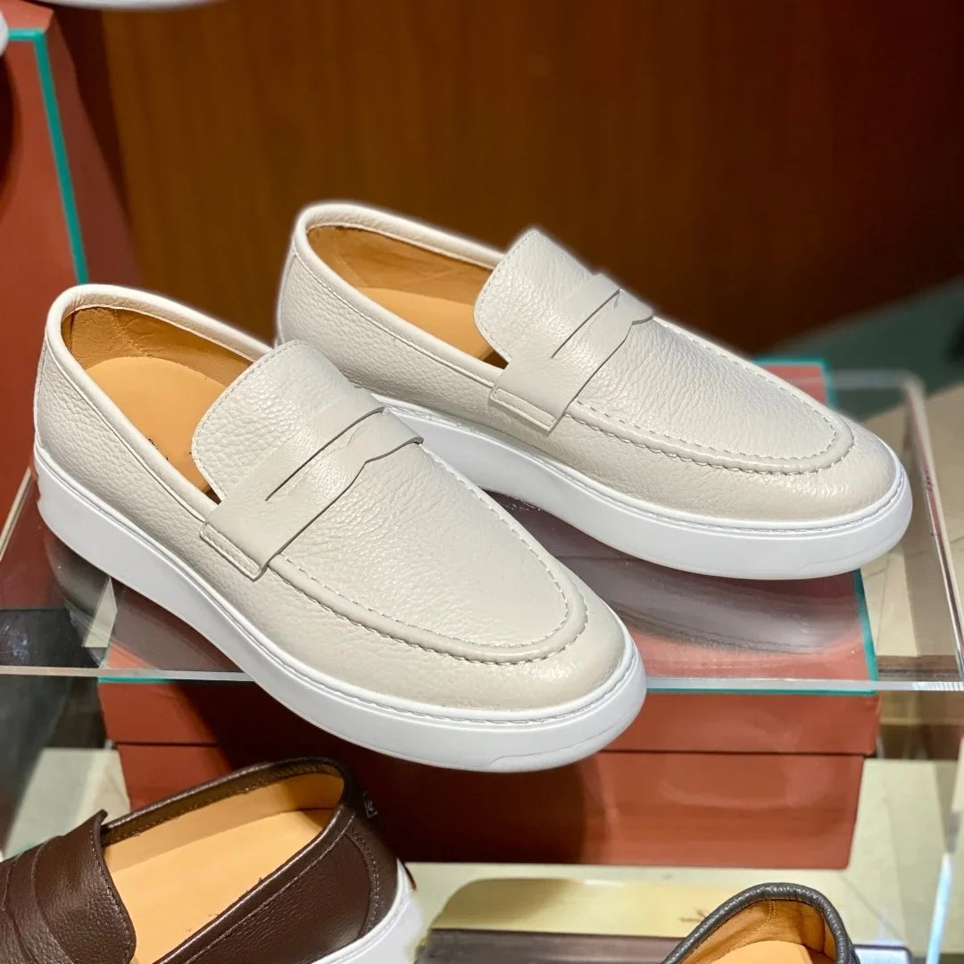 2026 New Men Genuine Grain Leather Penny Loafers Slip On Platform Non Slip Soft Sole Business Casual Driving Daily Walking Shoes