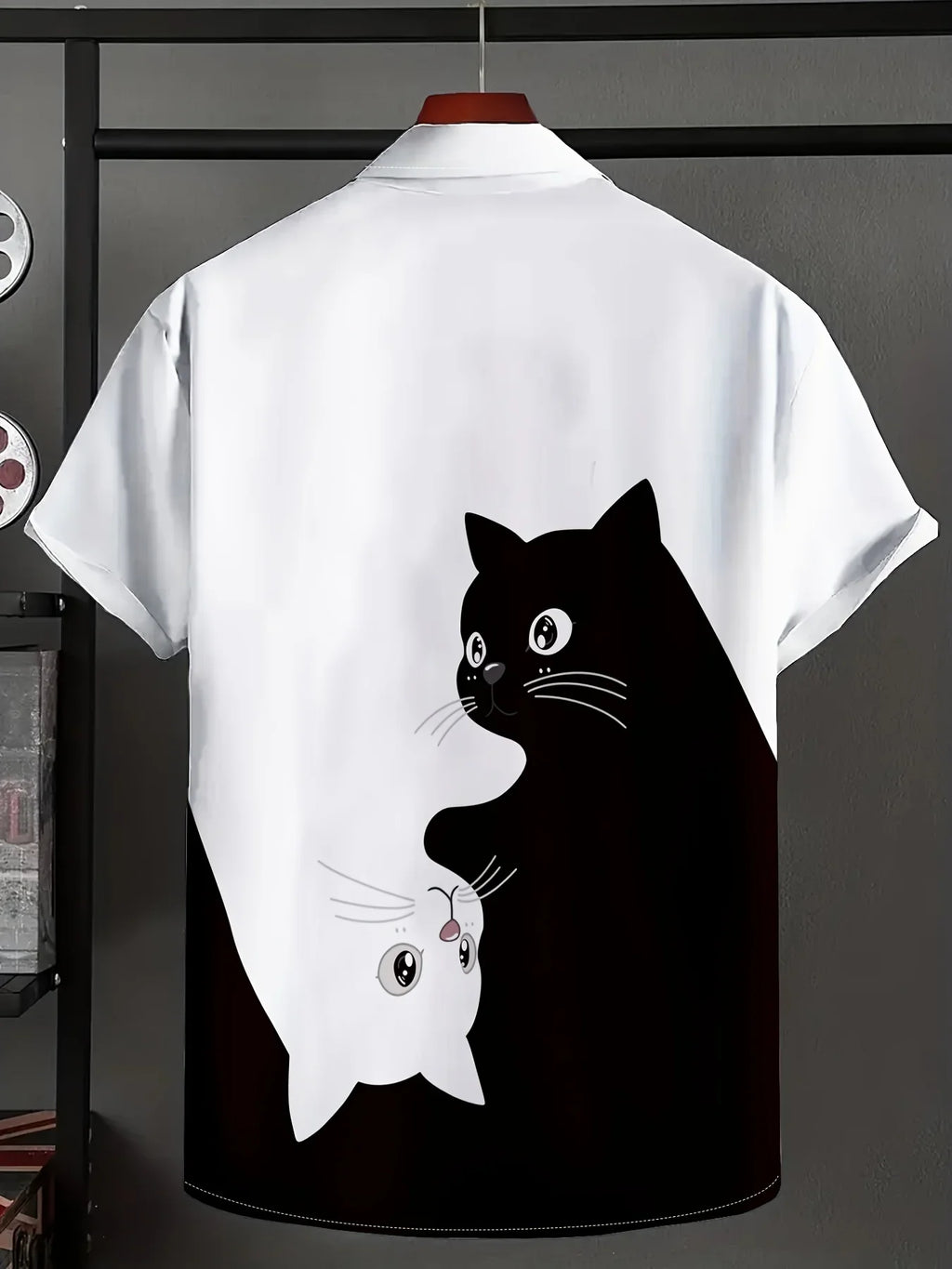 Men's Cartoon Black and White Kitten Print, Short-Sleeved Shirt