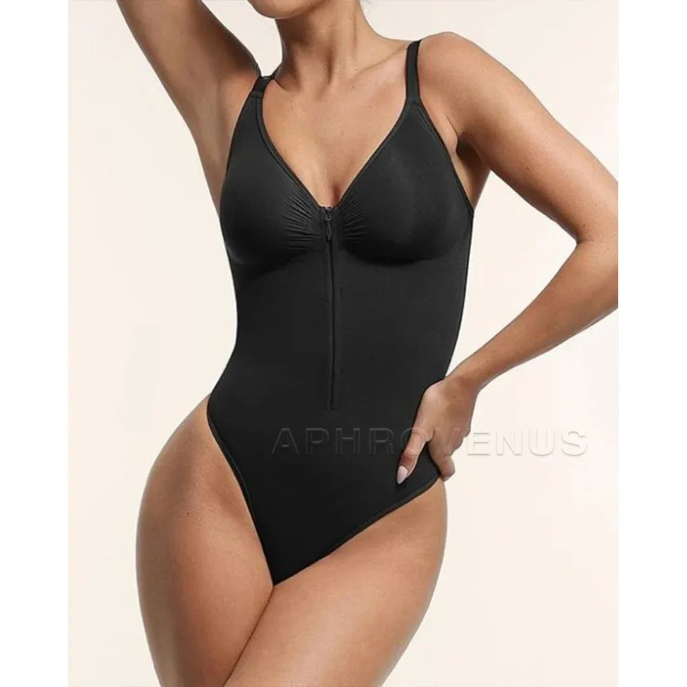 Colombian Fajas Shapewear Seamless V-Neck Bodysuit with Zipper for Tummy Control & Waist Cinching Thong Body Shaper