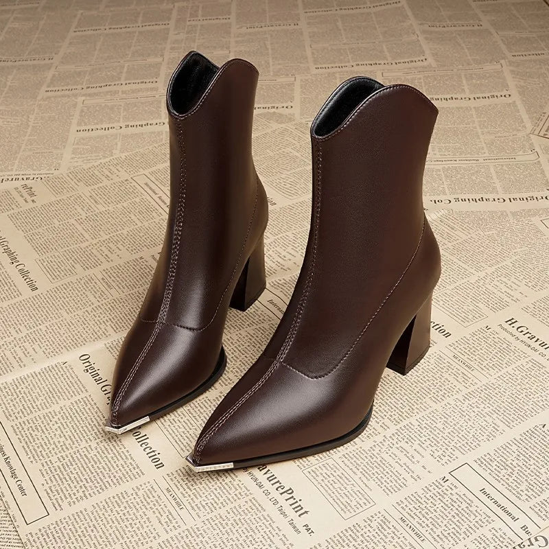 Women Leather Boots Luxury Pointed Brand Toe Chelsea Ankle Boots Trendy High Heels Zipper Goth Pumps Shoes French Women's Boots